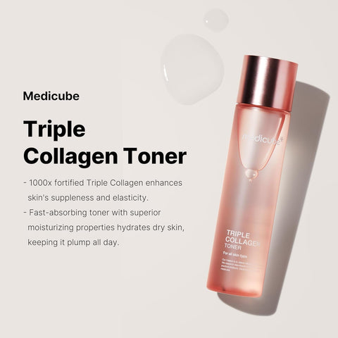 Medicube Triple Collagen Toner - Hydrolyzed, Atelo, & Soluble Collagen for Deep Hydration & Plump Skin - Fast-Absorbing Formula for All-Day Suppleness, Korean Skincare