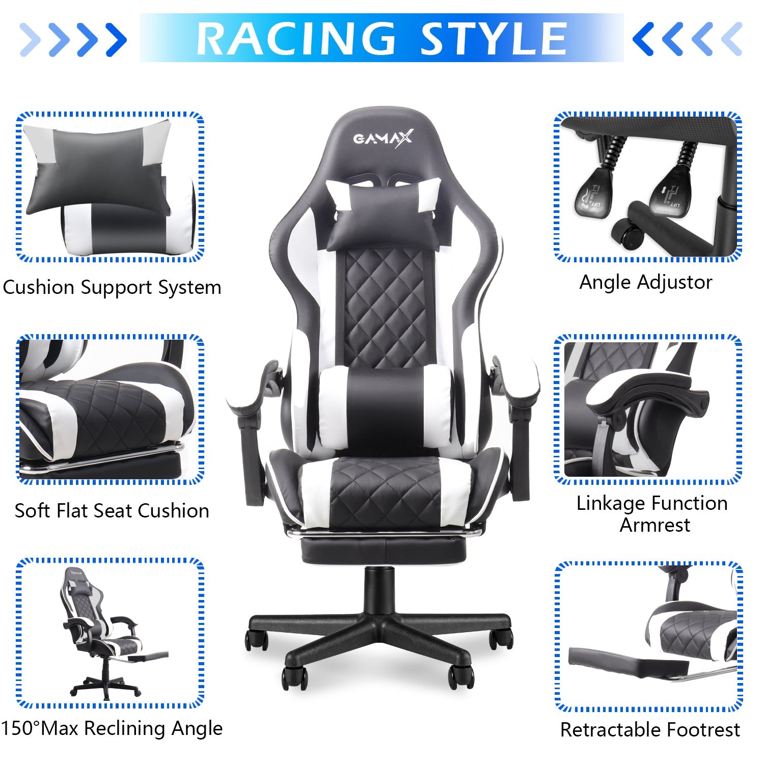 Gamax Gaming Chair Model 1-LT001L with Linkage Function Armrest & Retactable Footrest ( Installation not included )