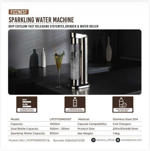 Lepresso LPCFFSSM0097-SL, Fizznest Sparkling Water Machine