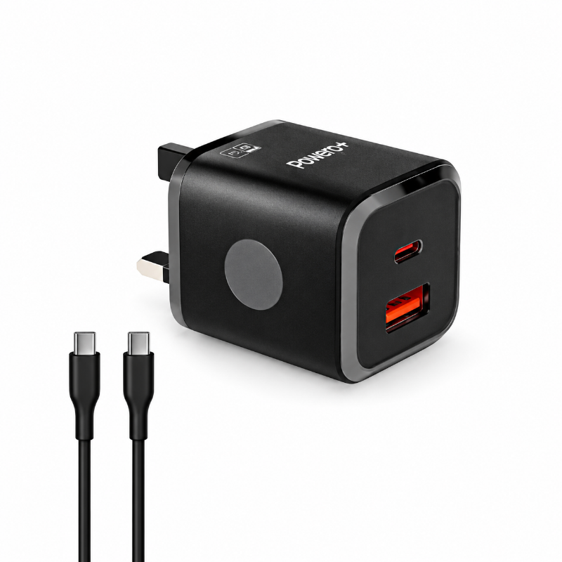 شاحن Powero+ البريطاني الصغير بقدرة 25W مع كابل USB-C إلى Lightning ودعم PD وQC - أسود