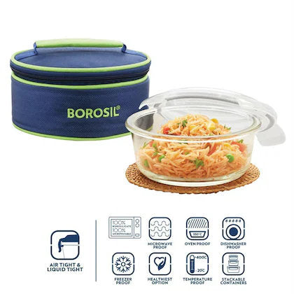 Borosil Glass Tiffin Lunch Box with Blue Carry Bag – 620 ml