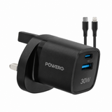 شاحن Powero+ Vega بتقنية GaN ومنفذين بقدرة 30W مع كابل Type-C إلى Lightning - أسود