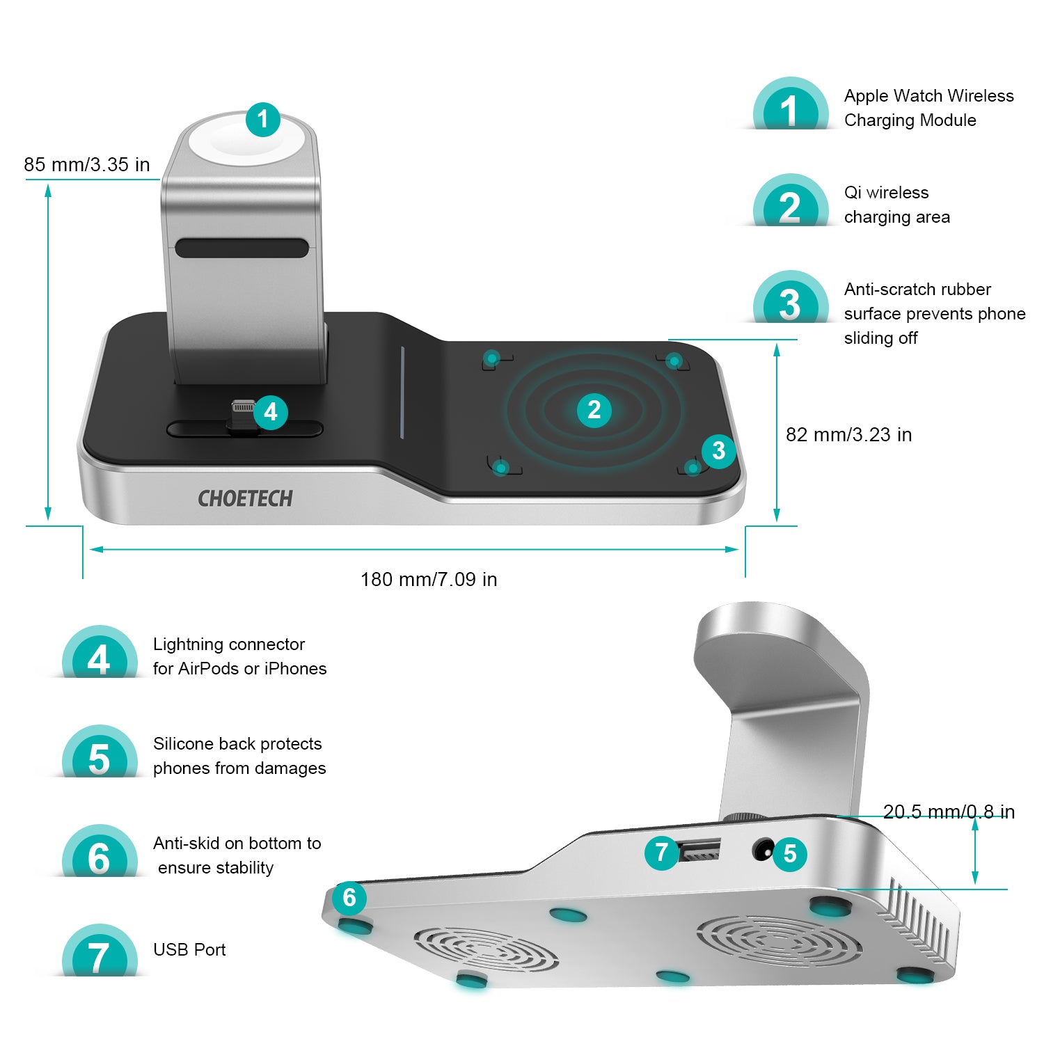 Choetech 4 in 1 MFI Wireless Charging Dock - Silver - Level UpLevel UpAdapter6971824974539