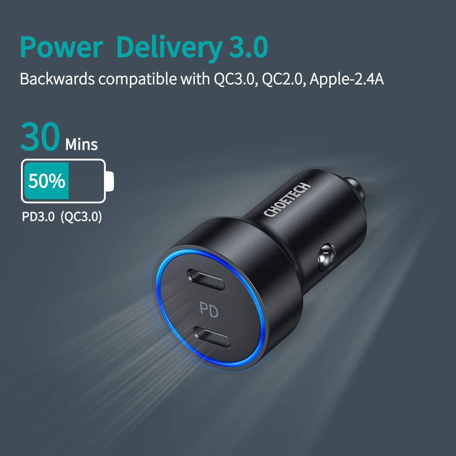 CHOETECH 40W 2-Port PD20W All Metal Fast Car Charger C0054-V2-SL - Level UpLevel UpCar Charger6971824979718