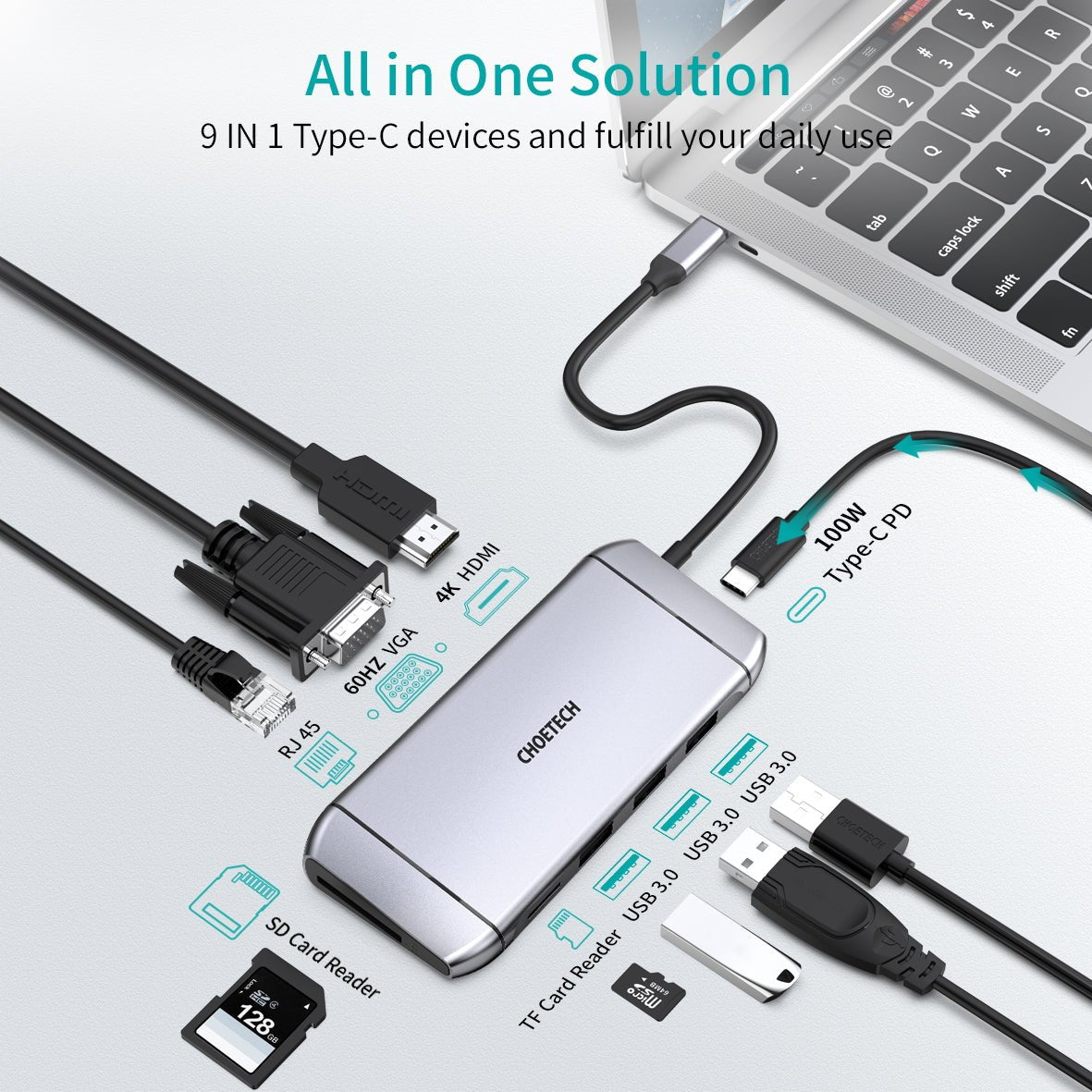 Choetech 9 in 1 USB C HUB - Silver HUB-M15 - Level UpLevel UpAdapter6971824975055