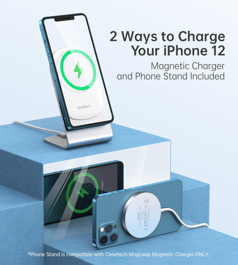 CHOETECH Magnetic Fast Wireless Charging Stand Holder with 5ft USB-C Cable for iPhone 12 (H047+T517) T511-S