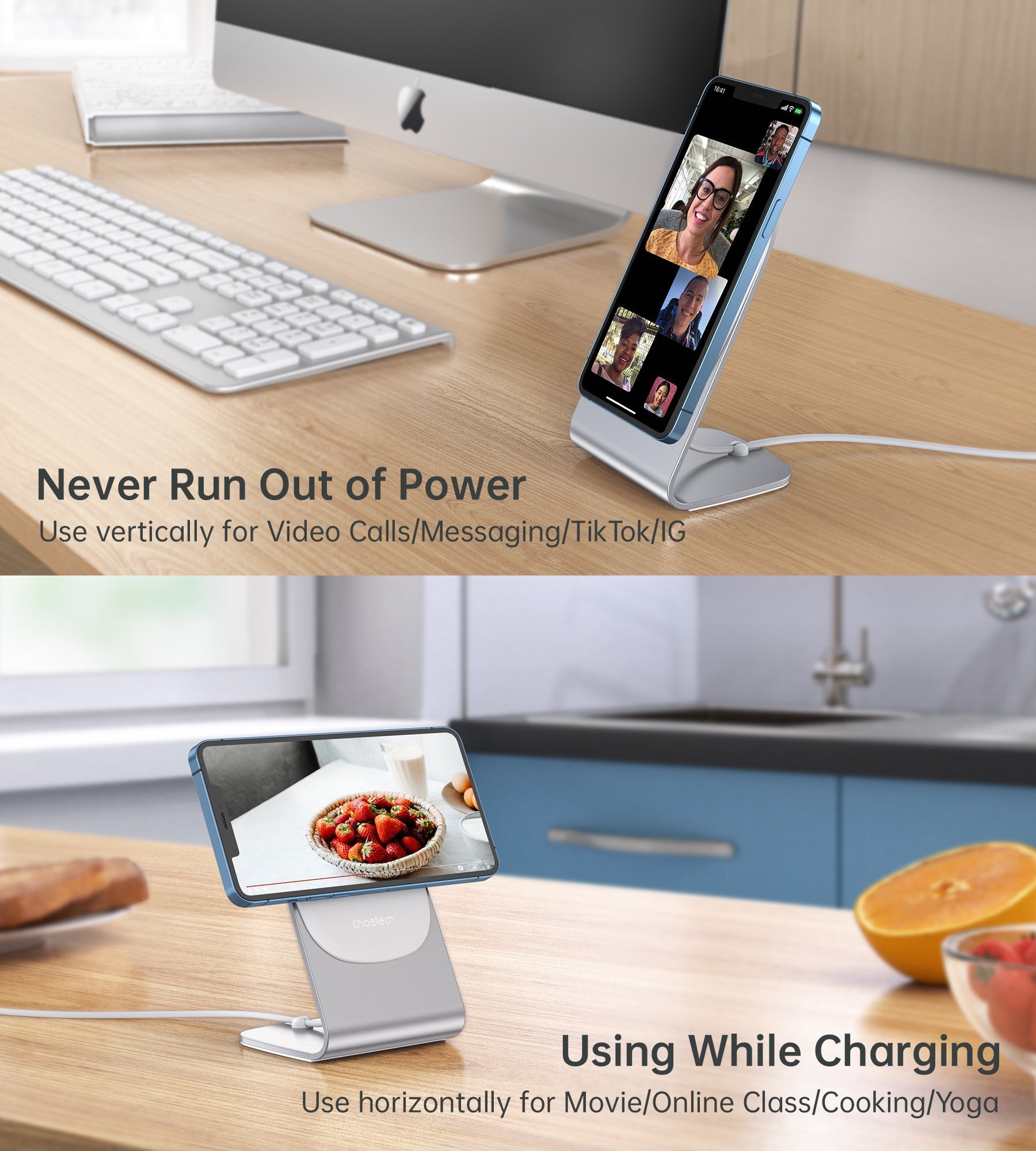 CHOETECH Magnetic Fast Wireless Charging Stand Holder with 5ft USB-C Cable for iPhone 12 (H047+T517) T511-S - Level UpLevel UpAdapter6971824978605