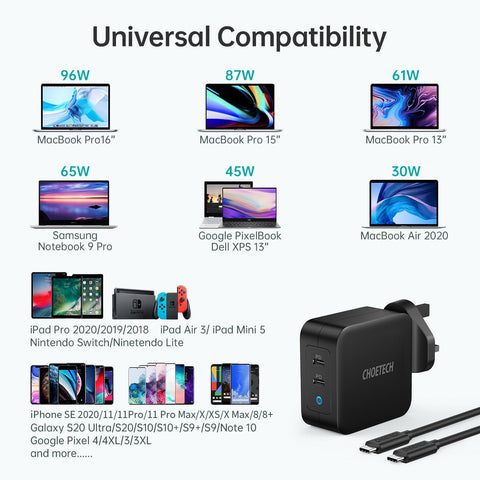 Choetech PD 100W GaN dual USB-C UK Charger with CC cable - Black PD6008-UK-CCBK