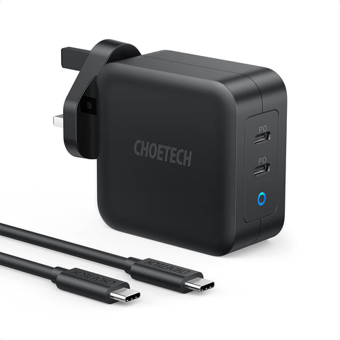 Choetech PD 100W GaN dual USB-C UK Charger with CC cable - Black PD6008-UK-CCBK