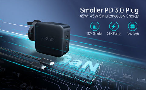 Choetech PD 100W GaN dual USB-C UK Charger with CC cable - Black PD6008-UK-CCBK