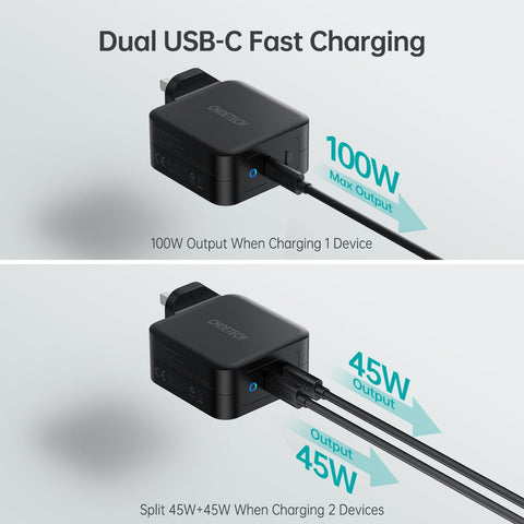 Choetech PD 100W GaN dual USB-C UK Charger with CC cable - Black PD6008-UK-CCBK