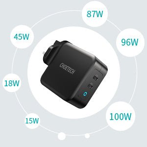 Choetech PD 100W GaN dual USB-C UK Charger with CC cable - Black PD6008-UK-CCBK - Level UpLevel UpAdapter6971824975980