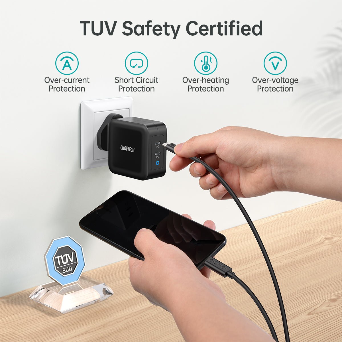 Choetech PD 100W GaN dual USB-C UK Charger with CC cable - Black PD6008-UK-CCBK - Level UpLevel UpAdapter6971824975980