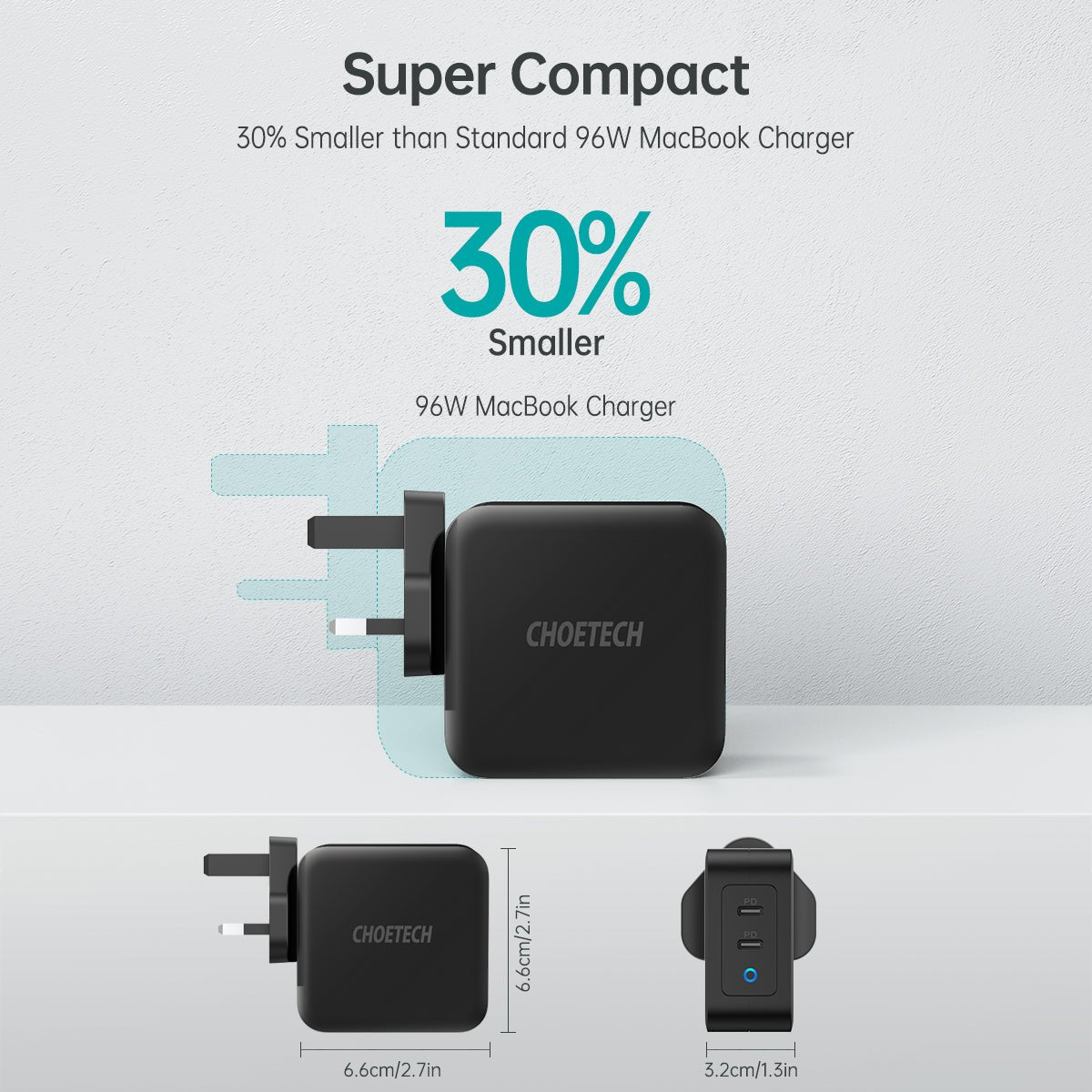 Choetech PD 100W GaN dual USB-C UK Charger with CC cable - Black PD6008-UK-CCBK - Level UpLevel UpAdapter6971824975980