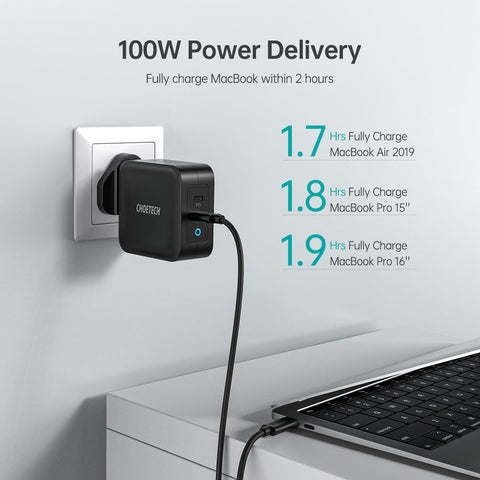 Choetech PD 100W GaN dual USB-C UK Charger with CC cable - Black PD6008-UK-CCBK