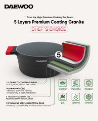 Daewoo 9-Piece Cookware Set – Die-Cast Aluminum, Granite Non-Stick Coating, Induction , Chemical-Free – 32cm, 28cm, 24cm Pots, 28cm Fry Pan with Removable Handle, Shallow Casserole, black & red, X series (pre - order)