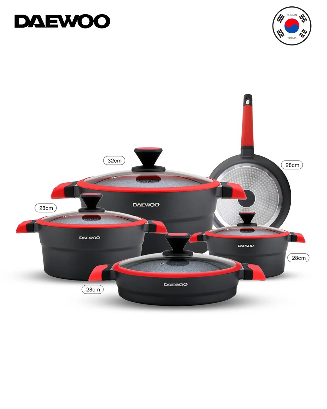 Daewoo 9-Piece Cookware Set – Die-Cast Aluminum, Granite Non-Stick Coating, Induction , Chemical-Free – 32cm, 28cm, 24cm Pots, 28cm Fry Pan with Removable Handle, Shallow Casserole, black & red, X series (pre - order)