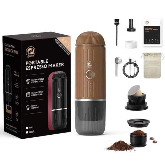 آي كافيلاس ماكينة تحضير قهوة الإسبريسو المحمولة 2 في 1 مع تسخين - بني