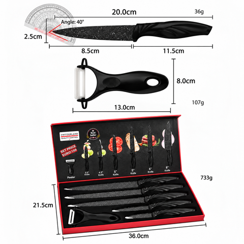Swiss Gold 6-Piece Stainless Steel Kitchen Knife Set with Non-Stick Blades and Y-Peeler