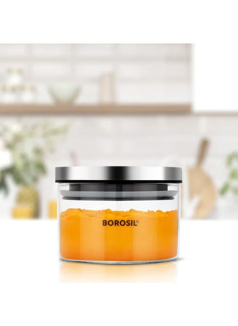 برطمان Borosil Classic لحفظ الطعام من زجاج البوروسيليكات مع غطاء من الستانلس ستيل، آمن للميكروويف والفرن والفريزر