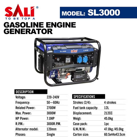 Sali 3000W Petrol Generator with 2700W Rated Output, 7HP Engine & 12L Fuel Tank