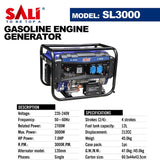 Sali 3000W Petrol Generator with 2700W Rated Output, 7HP Engine & 12L Fuel Tank