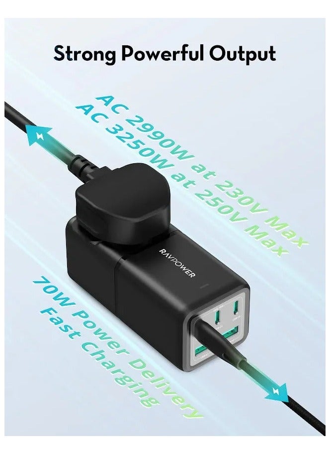 RP-PC1062 شريط طاقة 70 واط، 5 منافذ، مع مقبس طاقة تيار متردد في المملكة المتحدة، 1.5 متر فأكثر، شاحن سفر كومبو - أسود 