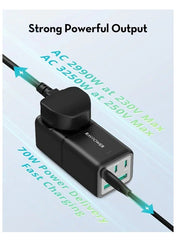 RP-PC1062 شريط طاقة 70 واط، 5 منافذ، مع مقبس طاقة تيار متردد في المملكة المتحدة، 1.5 متر فأكثر، شاحن سفر كومبو - أسود 
