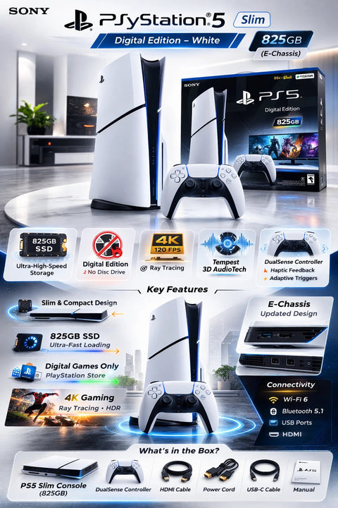 Sony PlayStation 5 Slim Digital Edition – White 825GB (E-Chassis) Bundle with DOBE Charging Dock For PS5 Wireless Controller Charger- TP5-0506