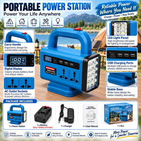 Compact 150W Portable Power Station with 68V Detachable Lithium Battery, Dual AC Outlets, 3 USB-A Ports