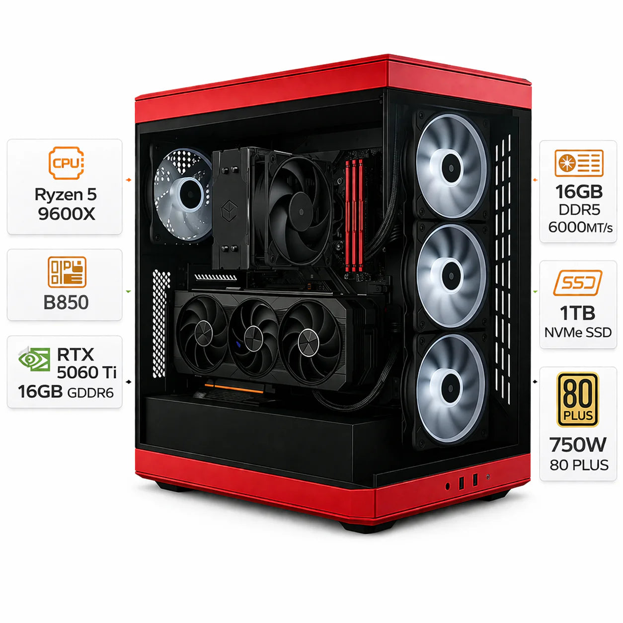 Custom Gaming PC with AMD Ryzen 5 9600X, RTX 5060 Ti 16GB, 16GB DDR5 RAM & 1TB NVMe SSD
