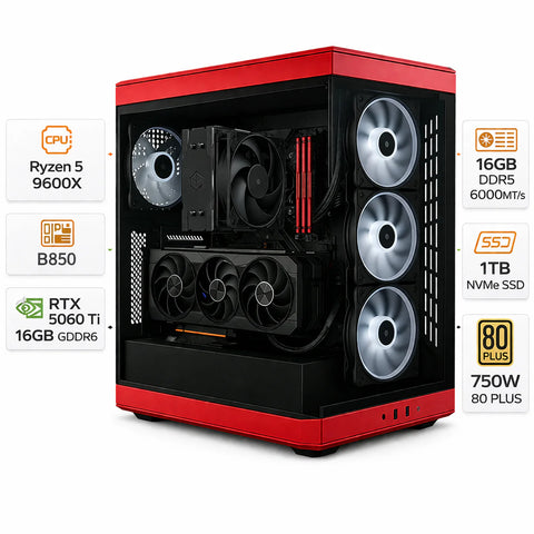 Custom Gaming PC with AMD Ryzen 5 9600X, RTX 5060 Ti 16GB, 16GB DDR5 RAM & 1TB NVMe SSD