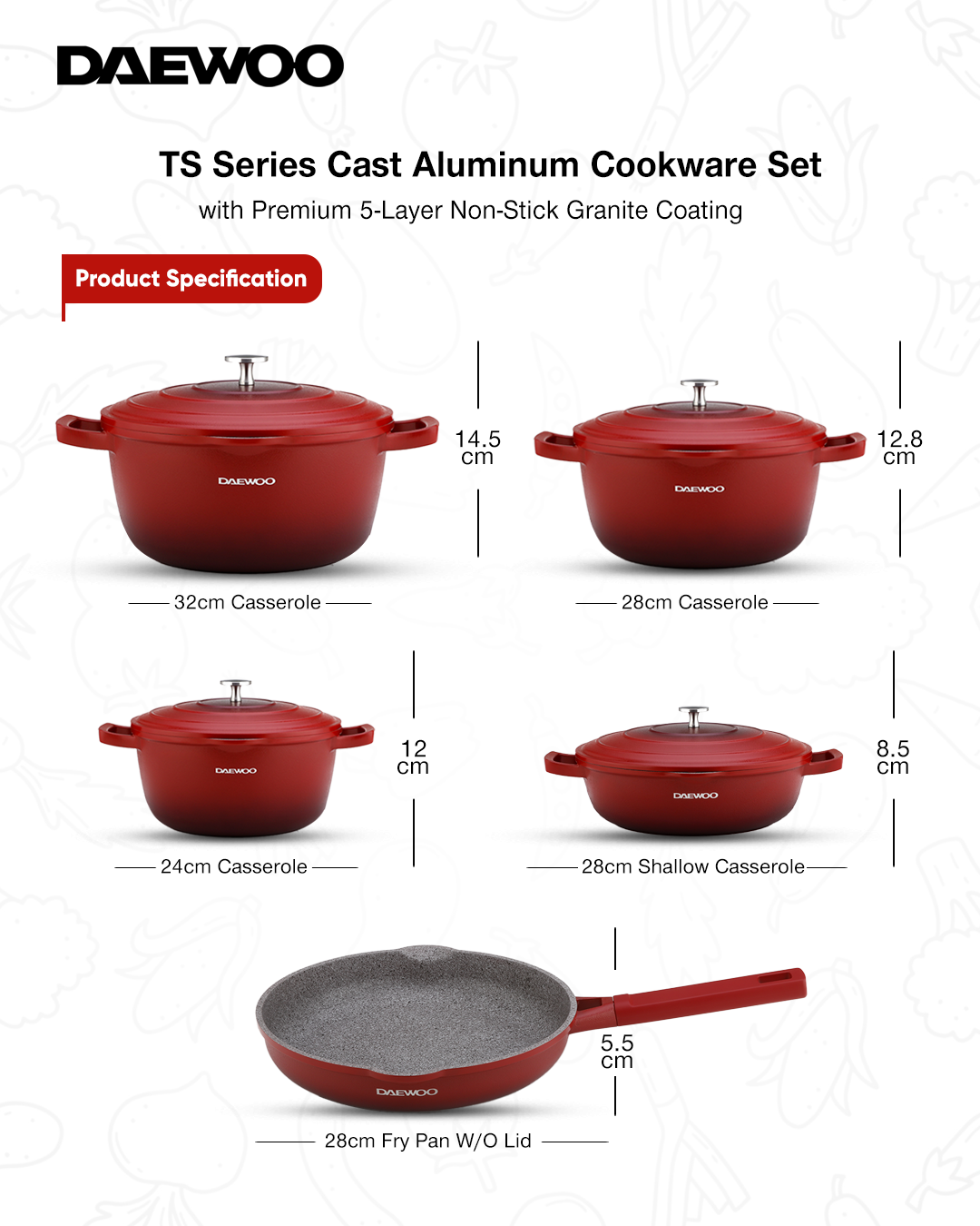 Daewoo Cast Aluminum Cookware 9 piece Set with Premium 5-Layer Non-Stick Granite Coating Pots: 32cm, 28cm, 24cm , Fry Pan: 28cm , red , Shallow Casserole ,Silicone Utensils & Pot Protectors  Induction , Oven Safe ,Chemical-Free (pre - order) .