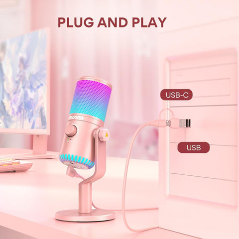 Maonocaster DM30 RGB Gaming Microphone for PC, USB Programmable Condenser Mic with RGB Lights - Pink