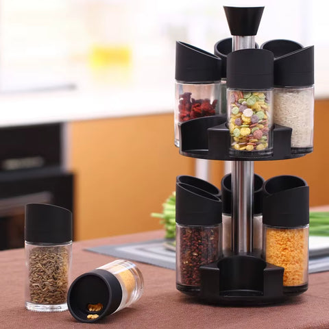 12-Piece 360° Revolving Spice Rack Set with 230ML Glass Jars