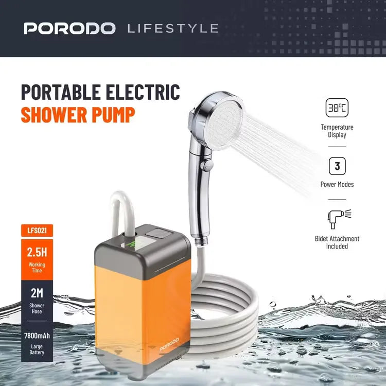 Porodo Portable Camping Shower Pump with 7800mAh Rechargeable Battery, Digital Temperature Display and Multi Spray Modes - Orange