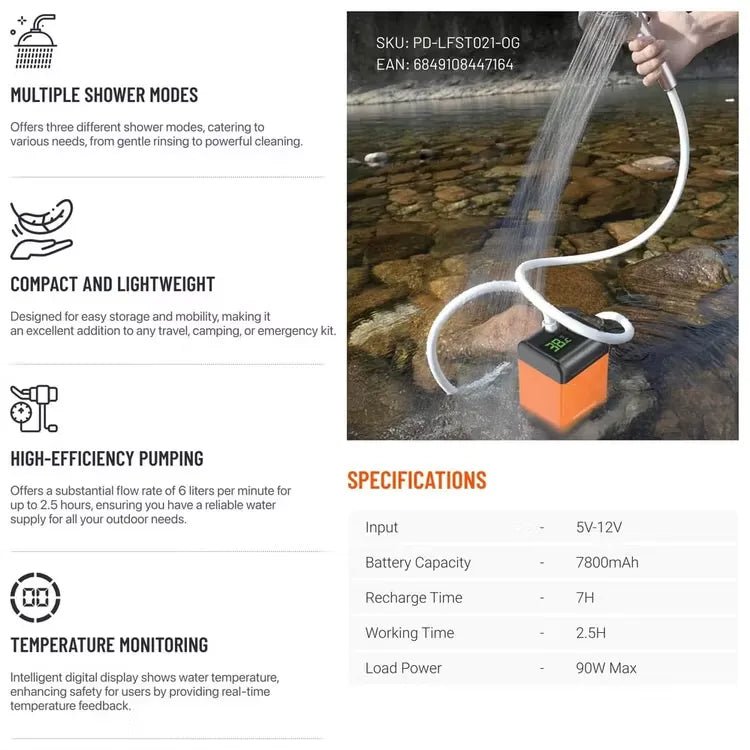 Porodo Portable Camping Shower Pump with 7800mAh Rechargeable Battery, Digital Temperature Display and Multi Spray Modes - Orange