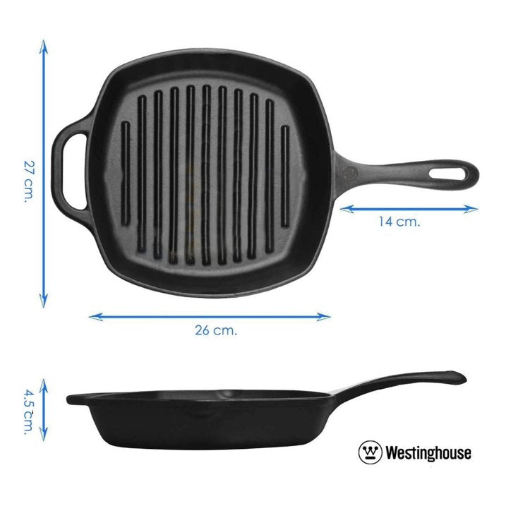 Westinghouse 10.5-Inch Pre-Seasoned Cast Iron Square Grill Pan – Black