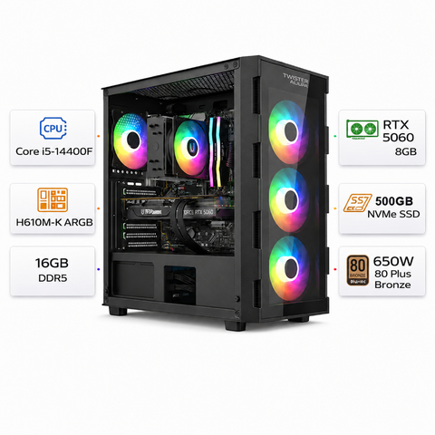 تجميعة كمبيوتر ألعاب قيمنق (Intel Core i5-14400F, RTX 5060 8GB) – رام 16 جيجابايت DDR5، هارد 500 جيجابايت SSD، مع نظام Windows 11 Pro