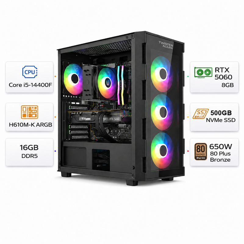 تجميعة كمبيوتر ألعاب قيمنق (Intel Core i5-14400F, RTX 5060 8GB) – رام 16 جيجابايت DDR5، هارد 500 جيجابايت SSD، مع نظام Windows 11 Pro