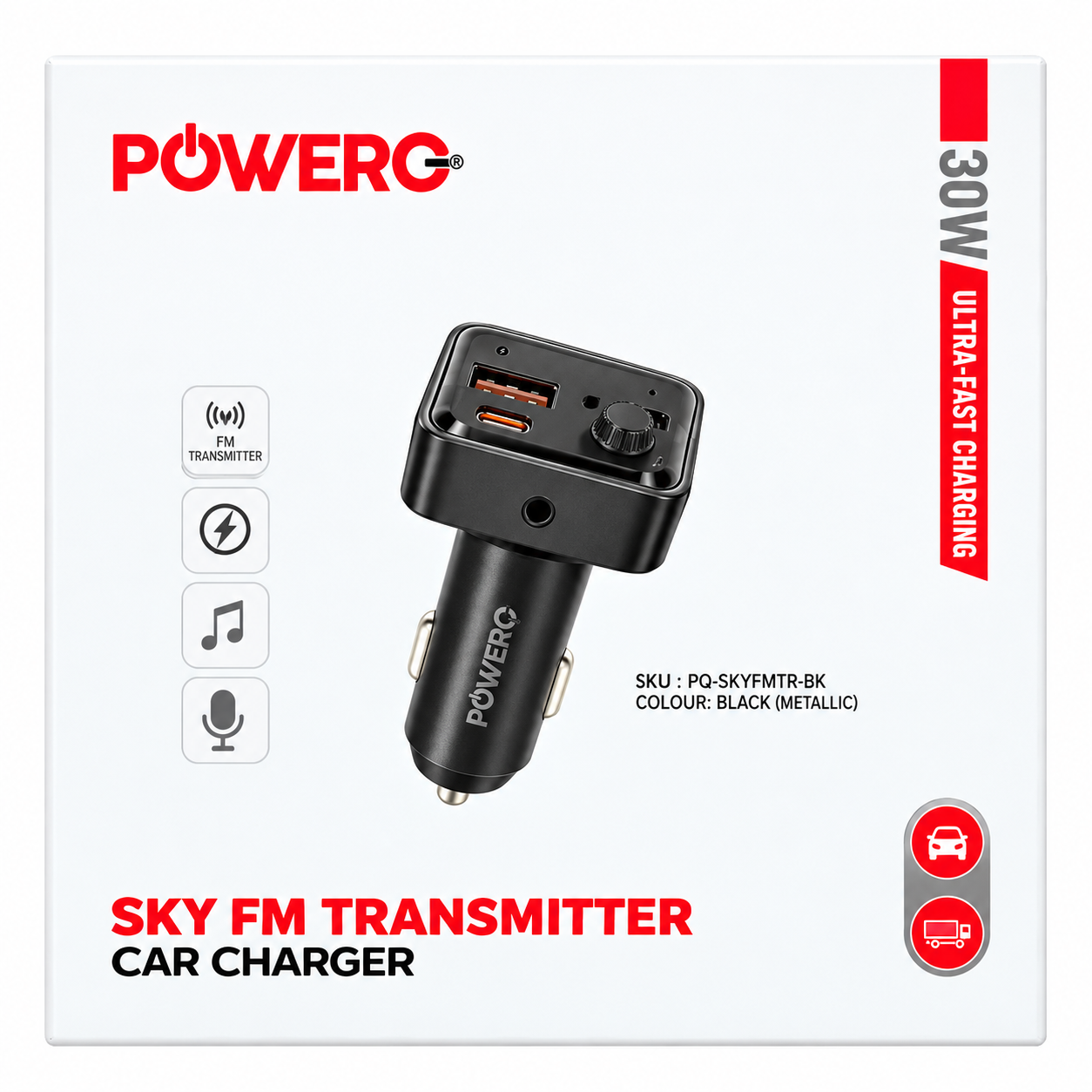 شاحن السيارة Powero+ Sky مع مرسل FM ودعم PD بقدرة 30W - أسود