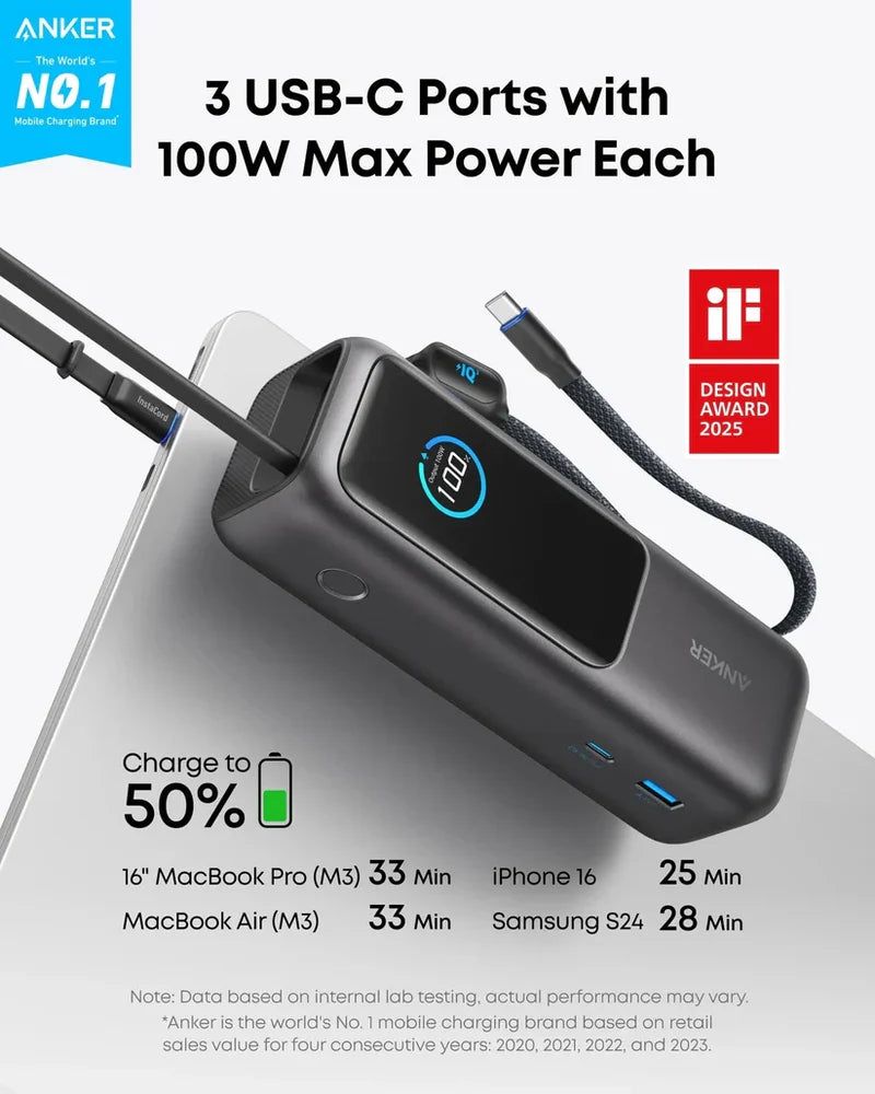 أنكر باور بانك للابتوب بسعة 25,000mAh وقدرة 165 واط، مع كابلات مدمجة قابلة للسحب – أسود