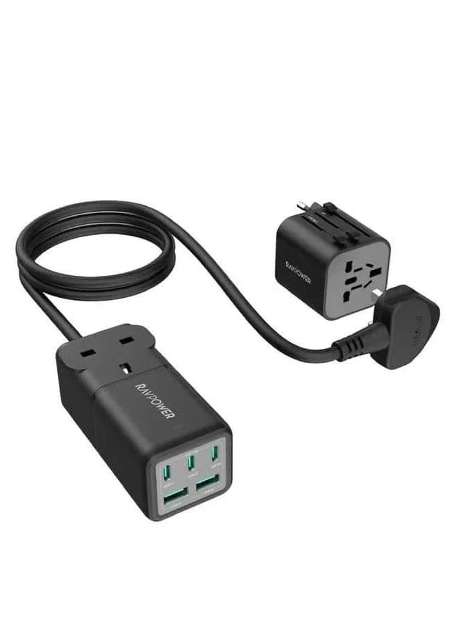 RP-PC1062 شريط طاقة 70 واط، 5 منافذ، مع مقبس طاقة تيار متردد في المملكة المتحدة، 1.5 متر فأكثر، شاحن سفر كومبو - أسود 