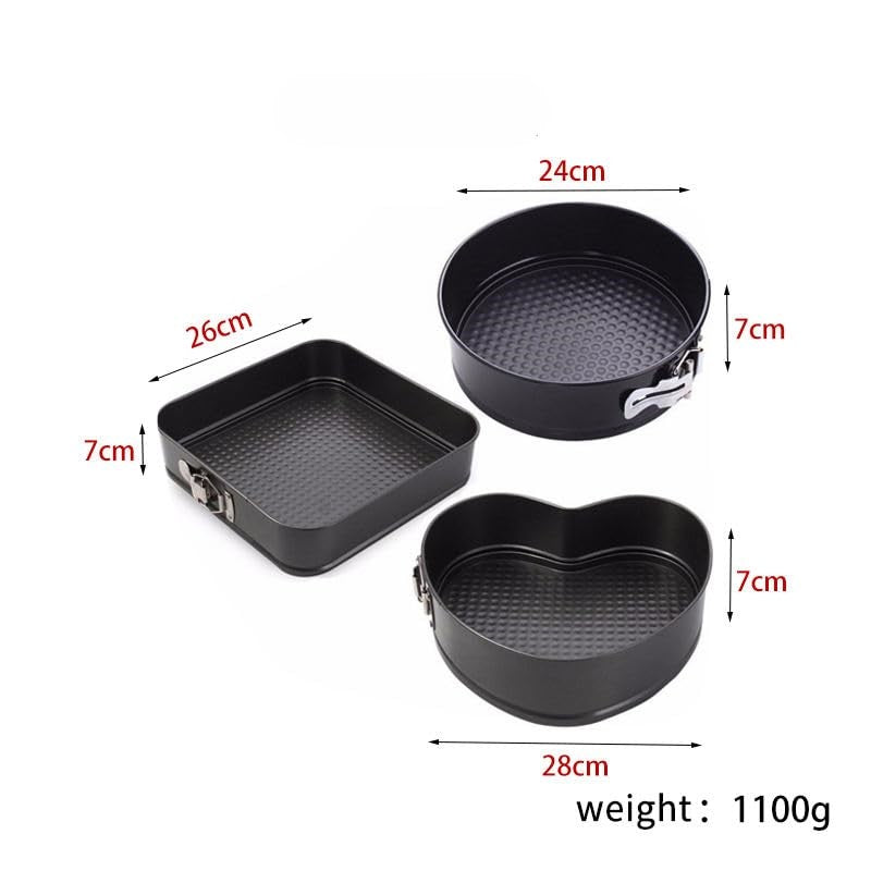 3-Piece Carbon Steel Springform Cake Mould Set with Removable Bases & Quick-Release Buckles – Round, Square & Heart Shape