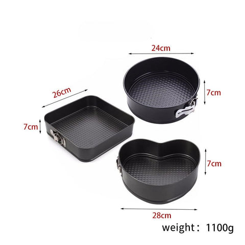 3-Piece Carbon Steel Springform Cake Mould Set with Removable Bases & Quick-Release Buckles – Round, Square & Heart Shape
