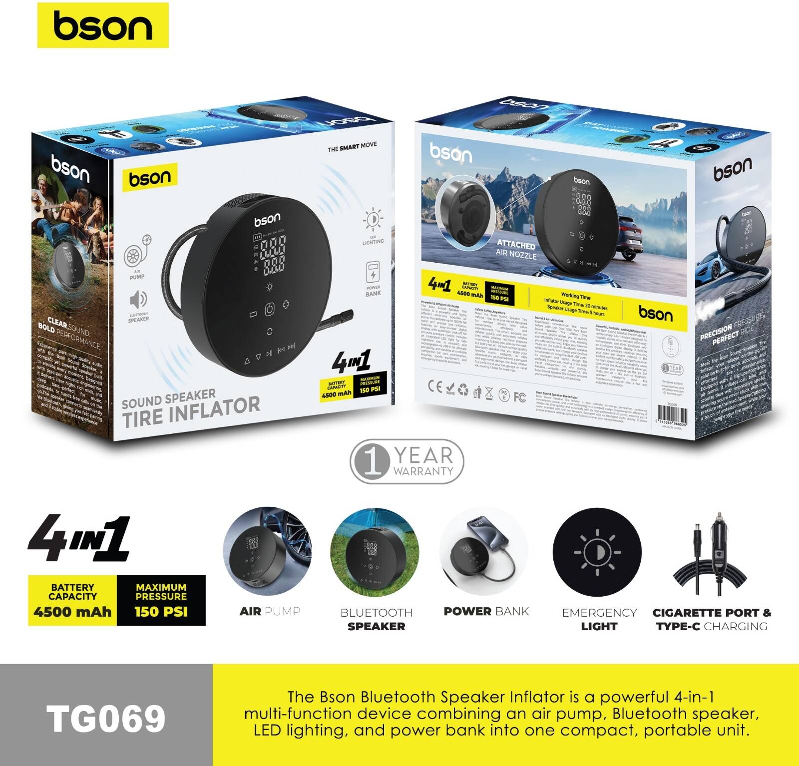 Bson 4-in-1 Multi-Function Device Bluetooth Speaker Inflator, LED Lighting, Power Bank Function, Built-in Bluetooth Speaker, Compact & Portable Design, Black | TG069