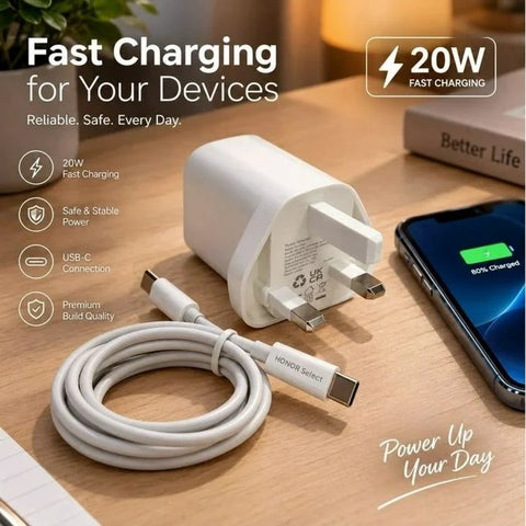 HONOR Select Power Adapter (20W GaN) PD With C-C Cable 1M - White