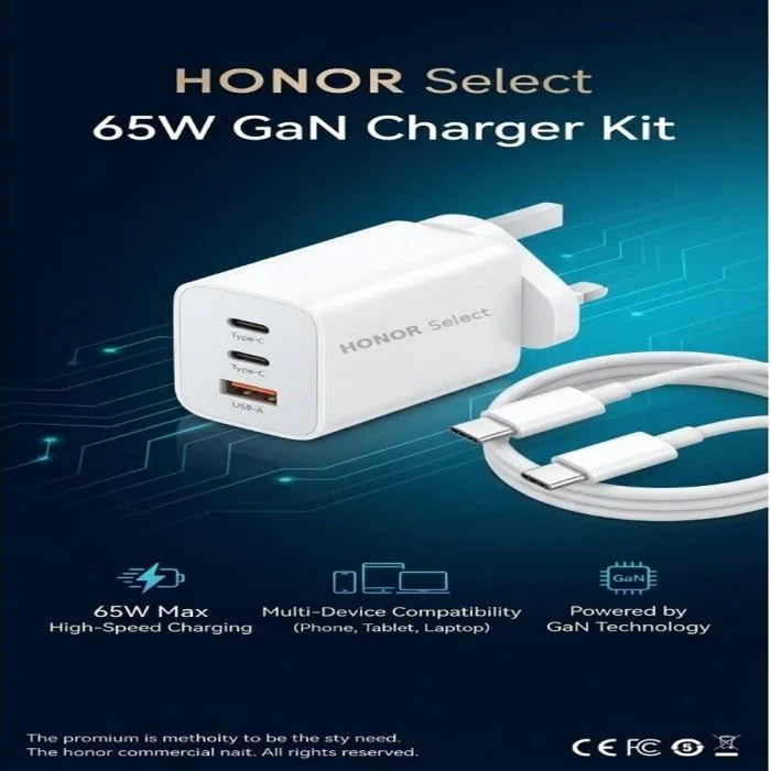 HONOR Select Power Adapter (65W, 3-Ports, GaN) PD With C-C Cable 2M - White
