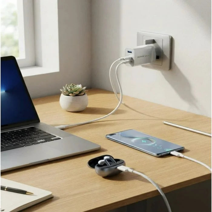 HONOR Select Power Adapter (65W, 3-Ports, GaN) PD With C-C Cable 2M - White