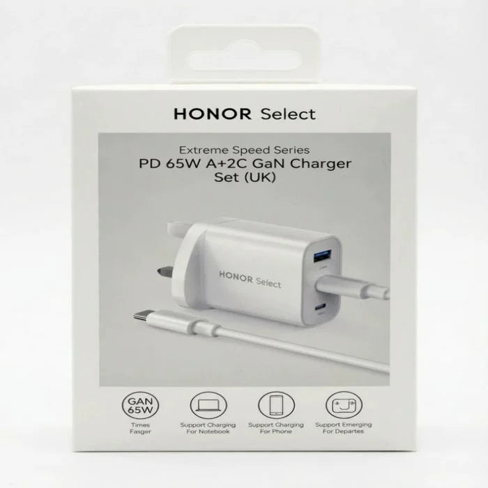 HONOR Select Power Adapter (65W, 3-Ports, GaN) PD With C-C Cable 2M - White